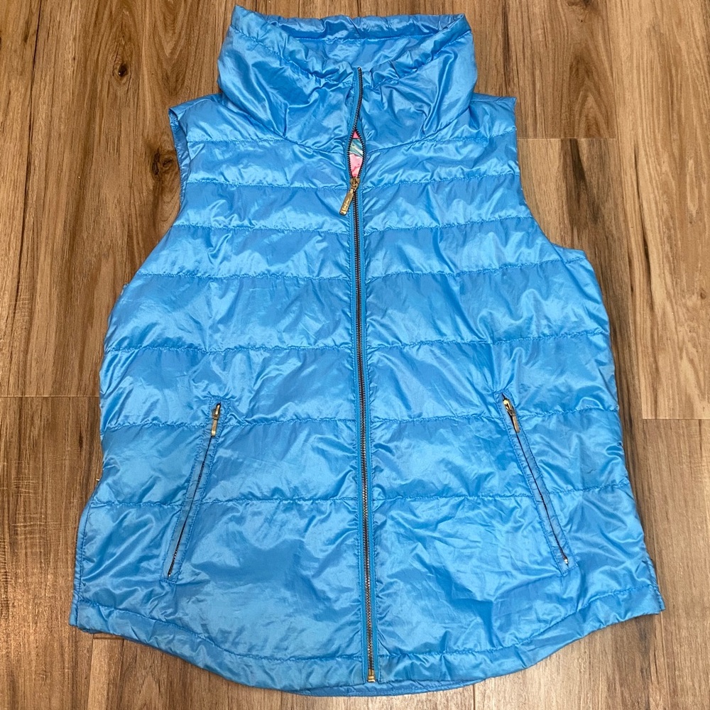 LILLY PULITZER Blue & Floral Print Lightweight Puffer Full Zip Vest Ladies Sz L